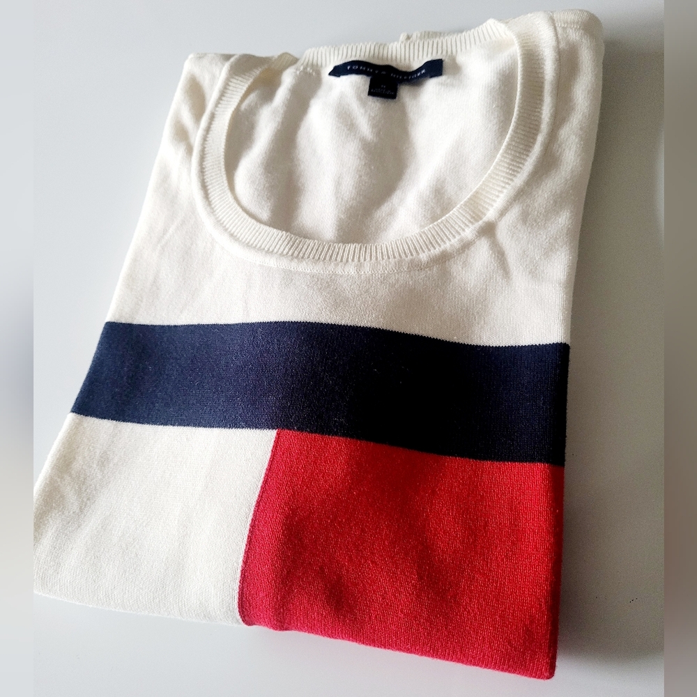 Tommy Hilfiger 100% Cotton Women's Colorblock Knit Sweater White/Red/Blue Medium - Picture 10 of 16